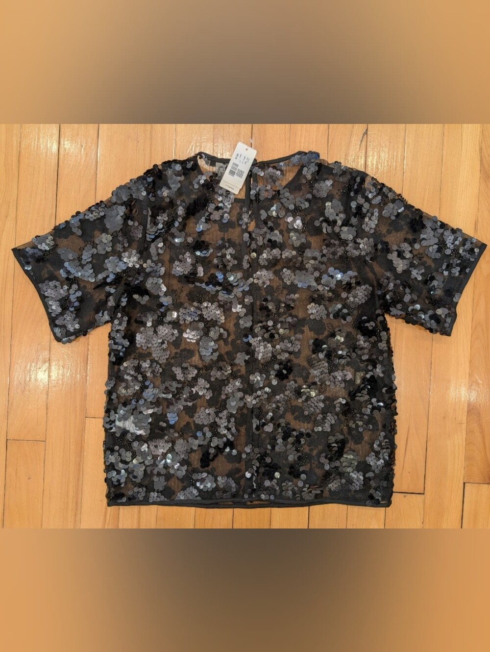 Black Sequin Short-Sleeve Mesh Tee - Unbranded